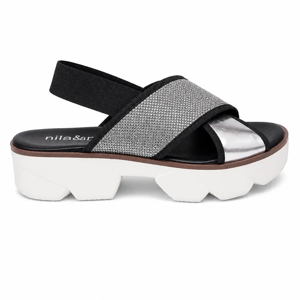 Nila & Nila Women’s Silver Metallic Soft Leather Crisscross Platform Sandal